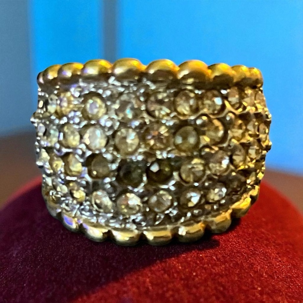 Vintage Pave Gold Tone and Crystal Ring Stamped 18k GE Size 7-7.5
